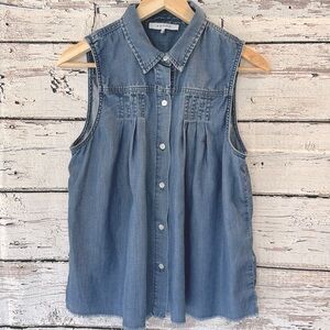 Frame Sleeveless Denim Top with Pleat and Unfinished Edge Details, Size S/P